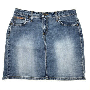 Vintage 90s l.e.i. Medium Wash Mid Rise Stretch Denim Mini Skirt Jr 13 30x16"